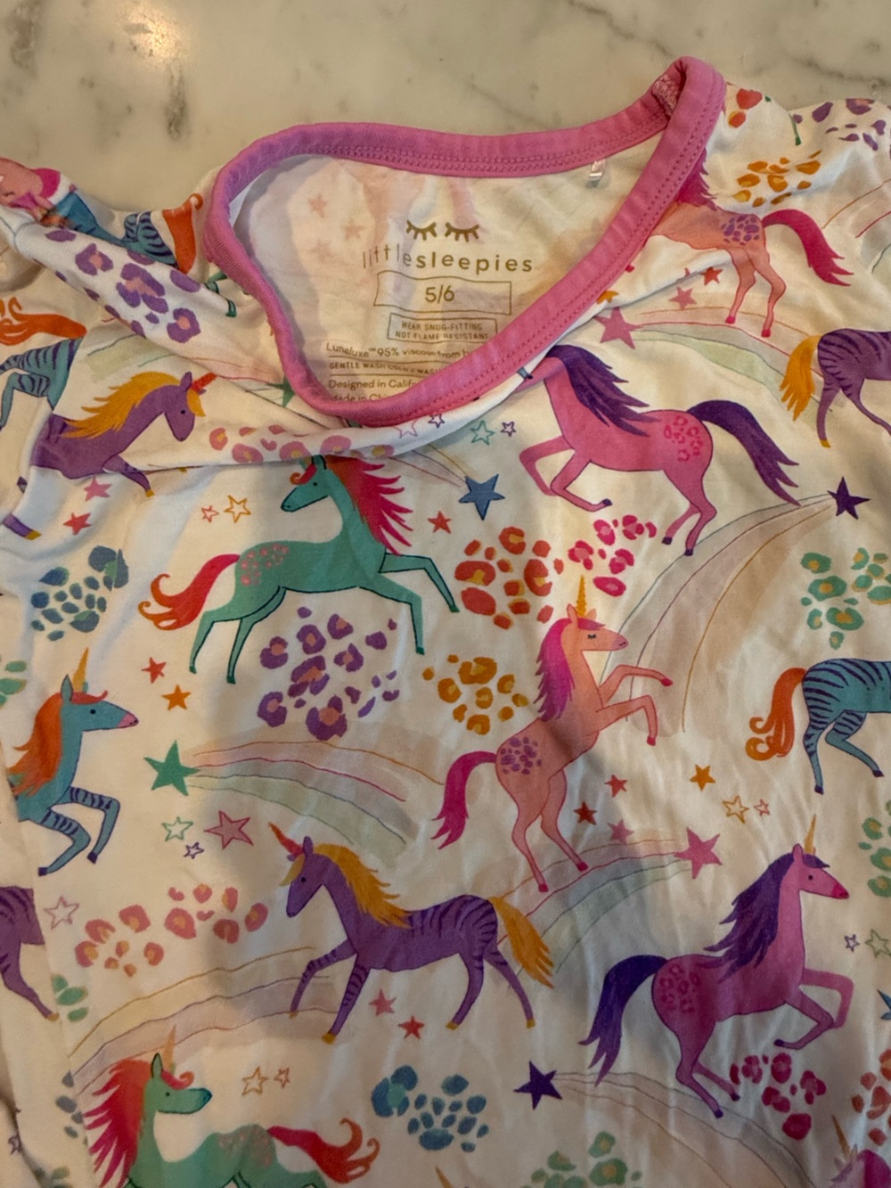 Little Sleepies Unicorn Rainbow Pajama Top - White with Pink Trim